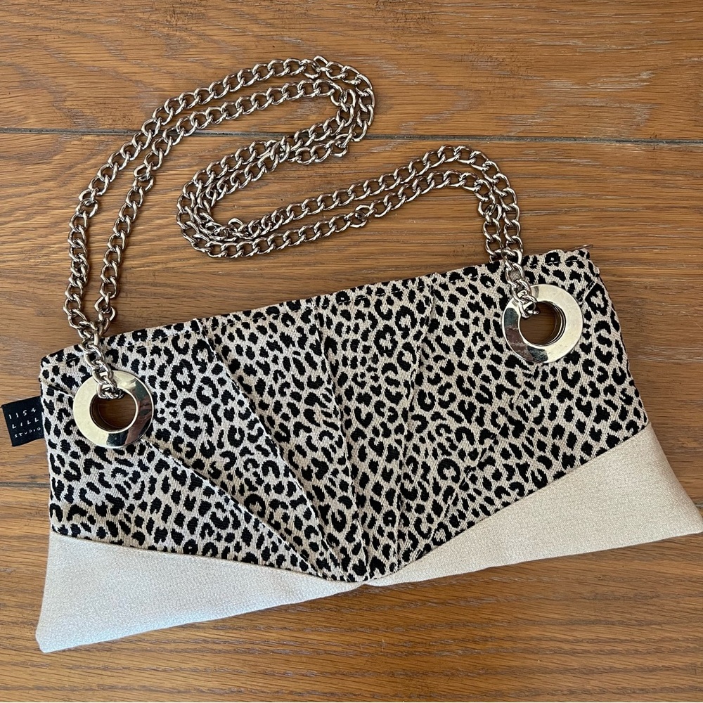1154 Lill Studio Fabric Cheetah Print Purse Clutch w/ Metal Chain Strap